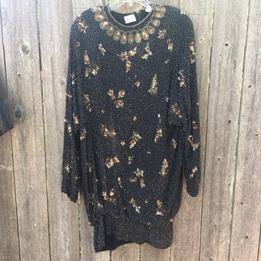 Judith Ann Vintage Gold Beaded Silk Dress size Med